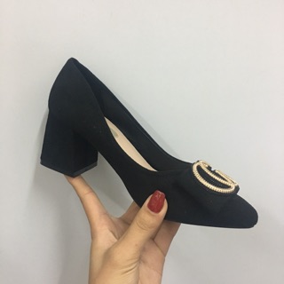 Giầy đế vuông da lộn đen