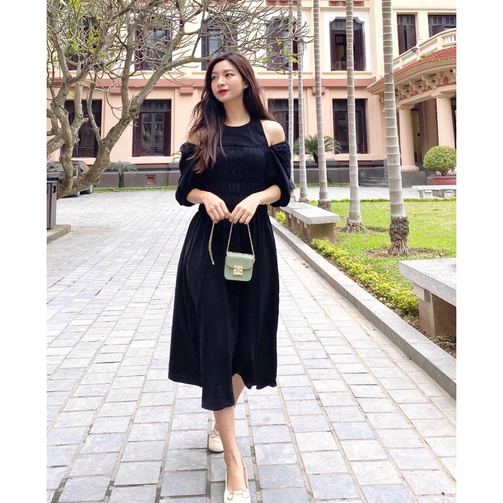 Đầm hở vai lưng bo chun hình shop tự chụp Rose Dress