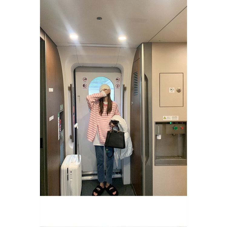 Áo sweater Dệt Kim Cổ Tròn Dáng Rộng Xẻ Tà Họa Tiết Kẻ Sọc Màu Hồng Ngọt Ngào Phong Cách Hàn Quốc