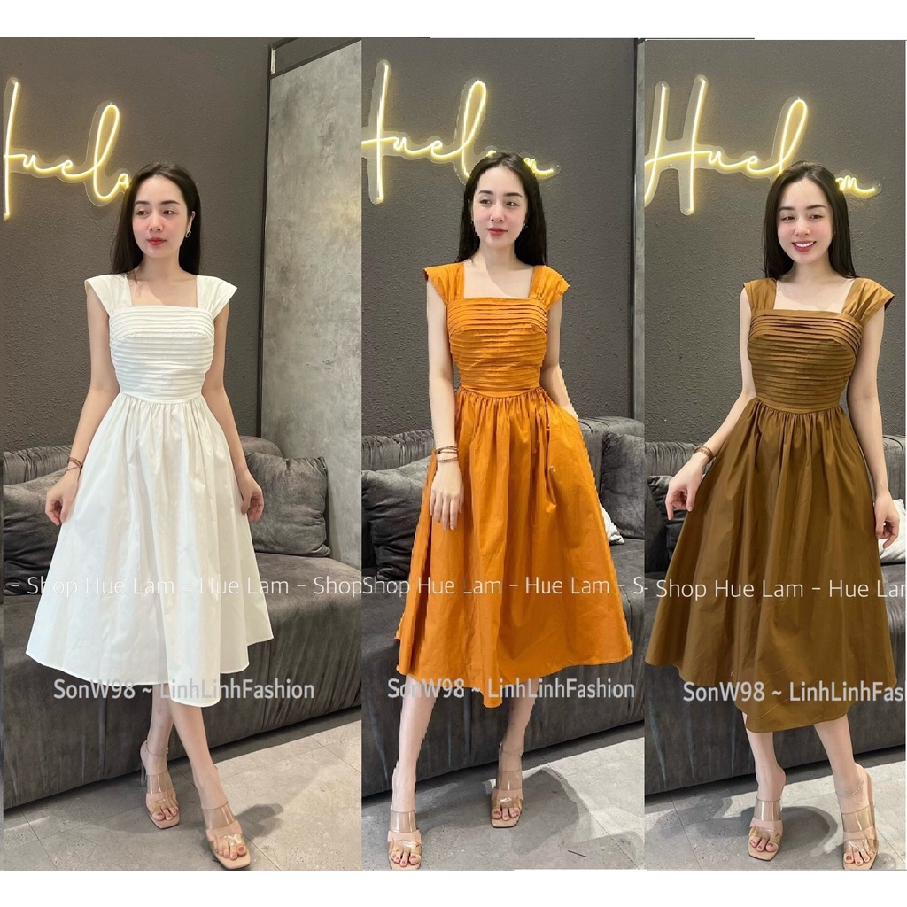 Đầm midi hai dây to, dáng xòe, kiểu cổ vuông. Váy 2 dây bản to. Đủ 3 màu hot 2022.