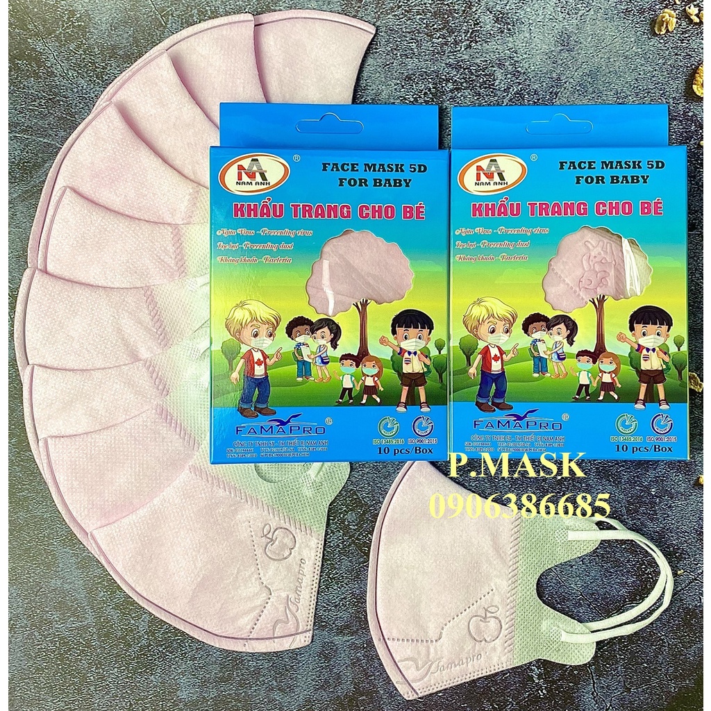 Khẩu trang cho Bé 5D FAMAPRO 3 lớp kháng khuẩn 10 cái / hộp màu Trắng / Xanh / Hồng