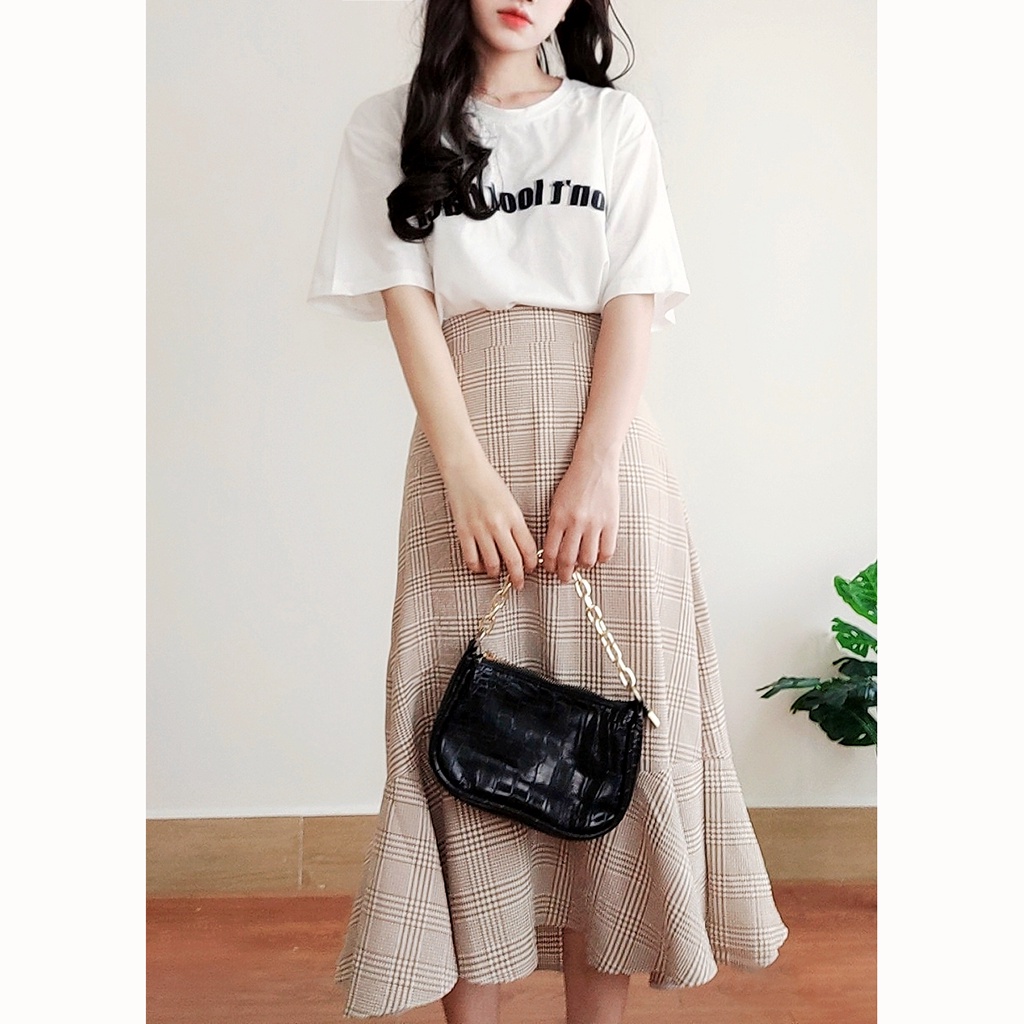 Chân váy dài caro ulzzang, chân váy midi qua gối SR007