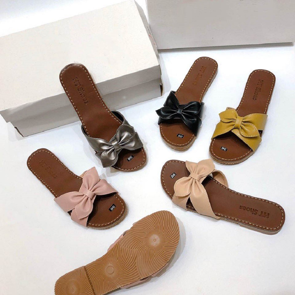 [BẢO HÀNH 12 THÁNG] dép nữ da quai ngang thắt nơ hình lá cây HÀNG LOẠI 1