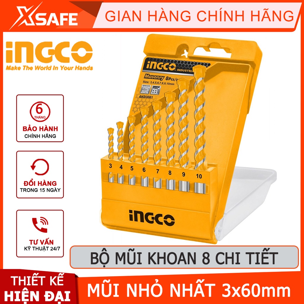 Bộ mũi khoan bê tông 8 chi tiết INGCO AKD3081 Bộ 8 mũi khoan đuôi trơn đóng gói hộp nhựa chắc chắn - [XSAFE]