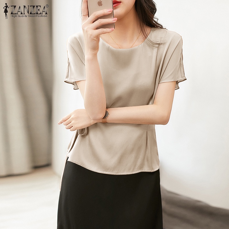 Áo kiểu ZANZEA ngắn tay vải satin màu trơn thời trang cho nữ