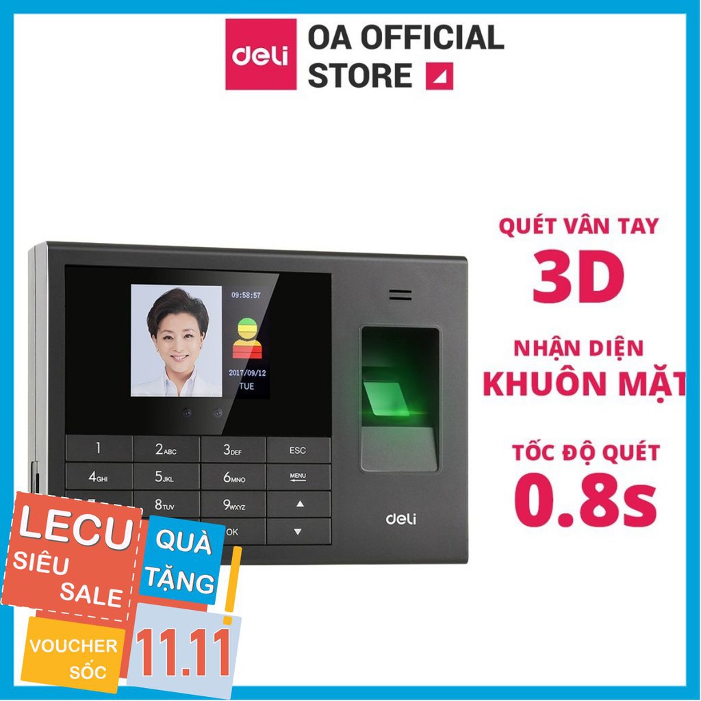 Máy Chấm Công Quét Vân Tay Và Nhận Dạng Khuôn Mặt Deli - Màn Hình 2.8inch, Cổng Kết Nối USB - Nhiều Ngôn Ngữ - E3765