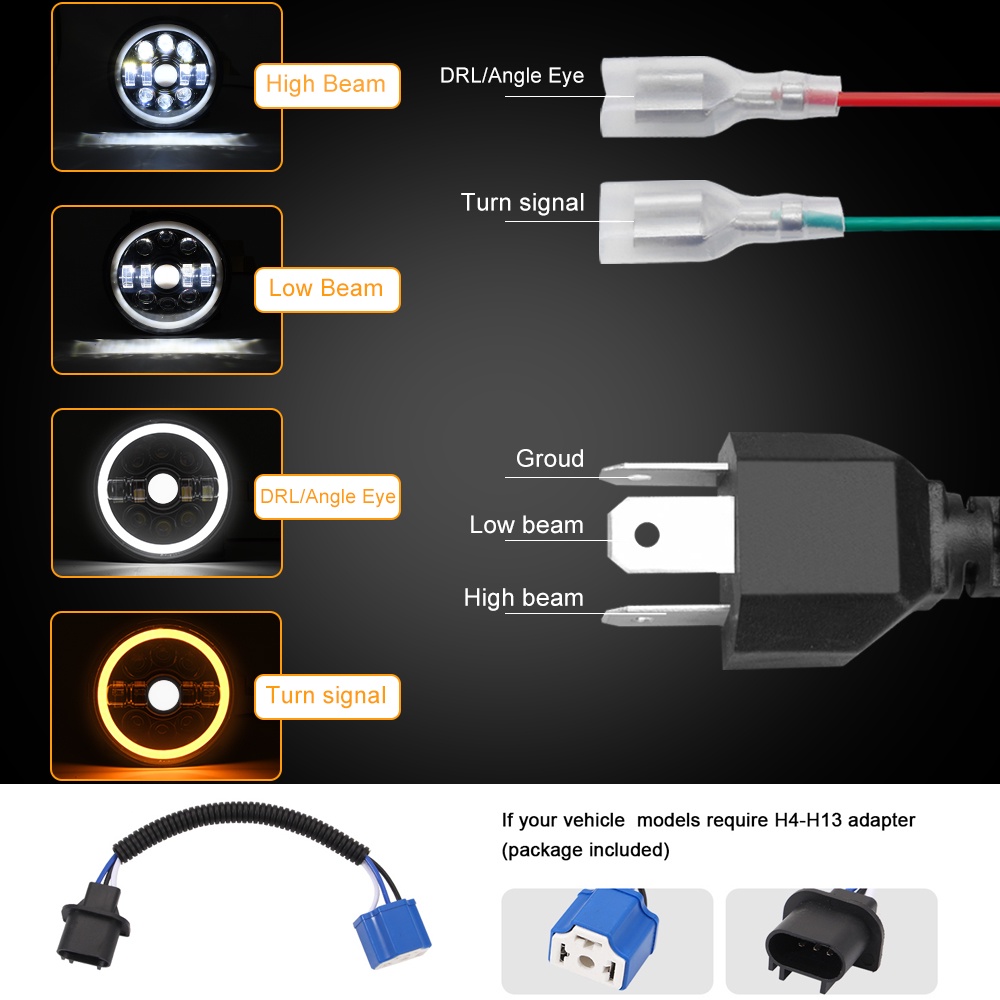 Đèn Pha LED H4-H13 7 Inch Cho Xe Mô Tô Harley-Davidson Yamaha Jeep Wrangler CJ Hummer H1 H2