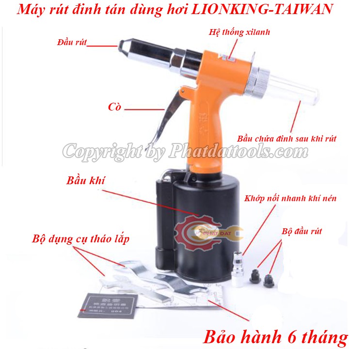 Máy rút đinh tán inox,nhôm dùng hơi LIONKING-Made in Đài Loan-Bảo hành chính hãng 6 tháng