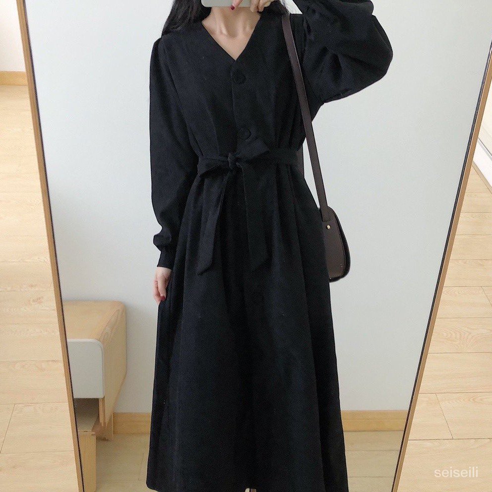 2021The New Spring Season Small Black Dresses Vintage V-neck Dresses Corduroy A-line Dresses with waist tucked look slim | BigBuy360 - bigbuy360.vn
