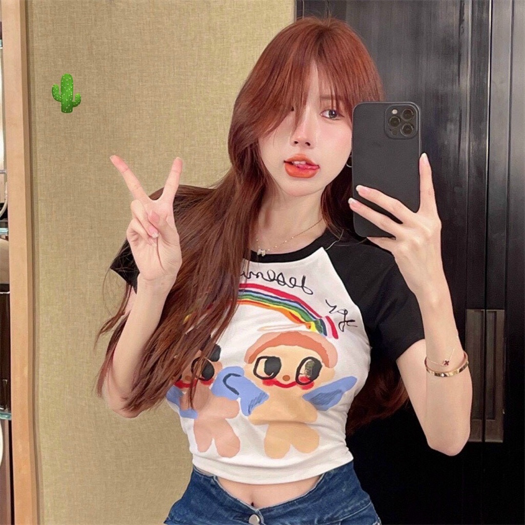 Áo thun nữ in hình họa tiết 2 thiên thần dáng croptop tay ngắn cổ tròn hot PC45