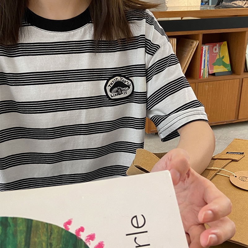 SUXI Áo Thun Ngắn Tay Cổ Tròn Họa Tiết Sọc Thêu Thời Trang Cho Nữ