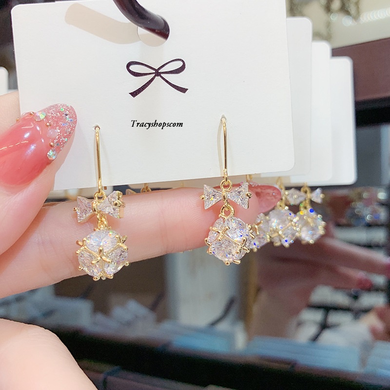 Bông tai cầu đá, móc nơ, đơn giản và tinh tế, kim bạc, mạ vàng 14k