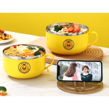 Bát úp mỳ tôm vịt vàng BUM5 kèm giá đỡ điện thoại tô úp mì ăn cơm ngộ nghĩnh kute cách nhiệt chống nóng