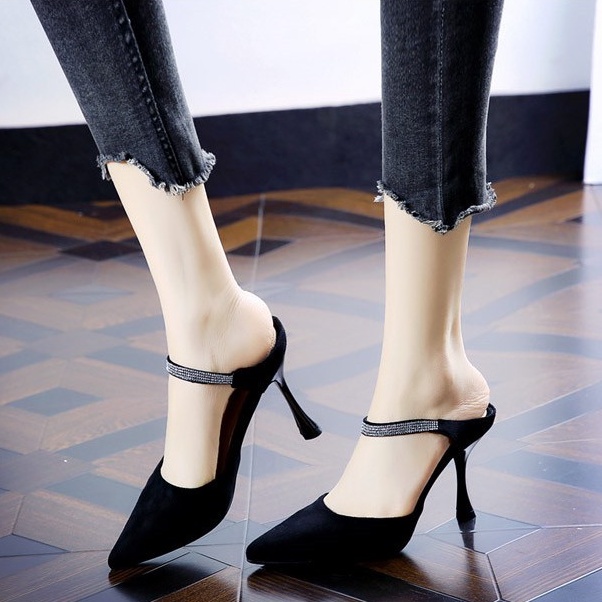 Giày, sandal cao gót BBC51 nữ 7P gót nhọn da lộn hở gót đính đá thời trang Hàn Quốc