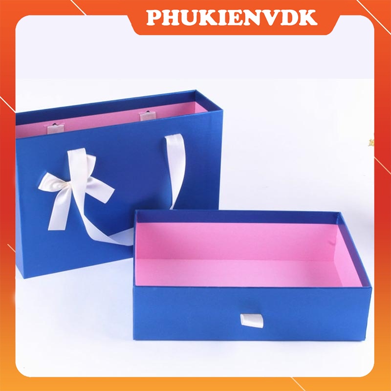 Hộp Quà Tặng Sinh Nhật Kèm Túi Màu Xanh Gắn Nơ Trắng Dạng Kéo Cao Cấp
