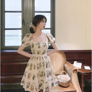 Đầm Hoa Cổ Vuông Phong Cách Retro Đáng Yêu Cho Nữ
