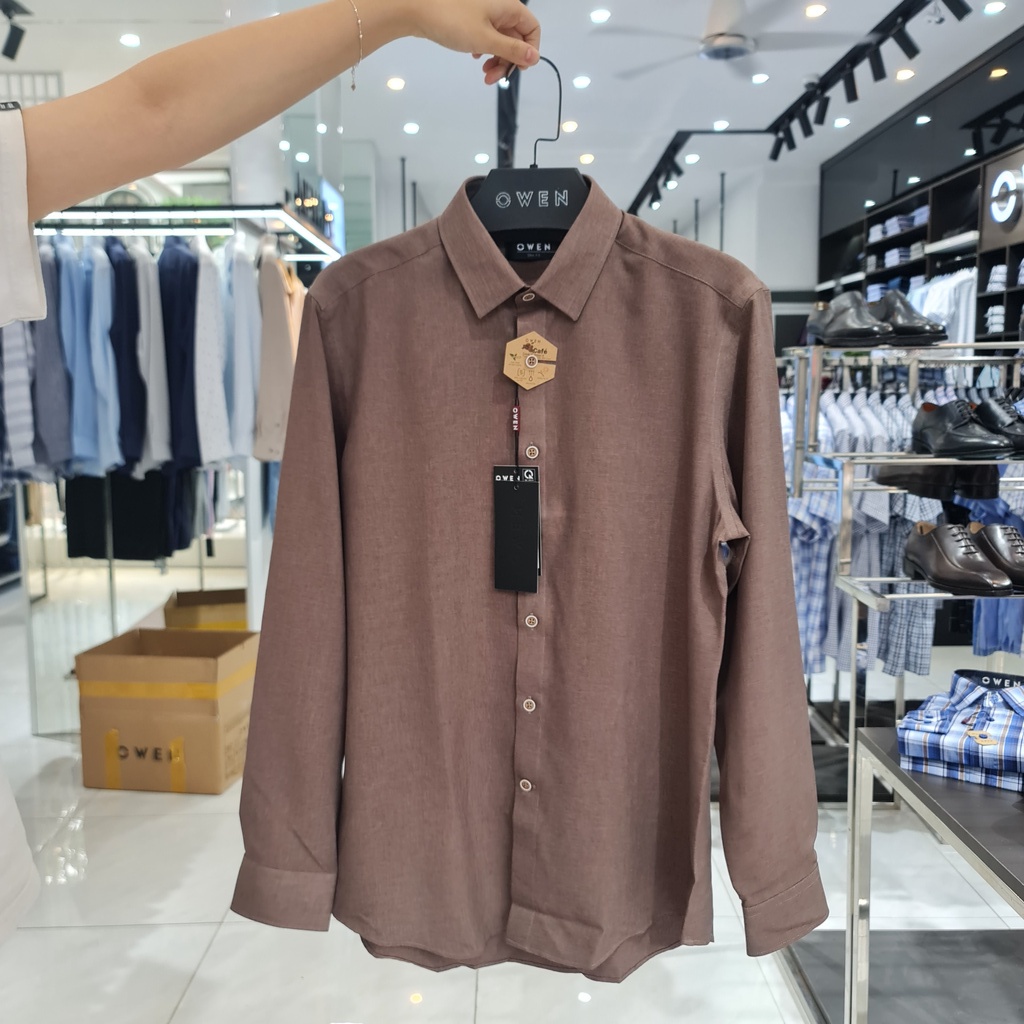 Áo Sơ Mi Nam Dài Tay Owen AS23366D Somi Công Sở Cao Cấp Màu Nâu Đậm Melange Dáng Ôm Không Túi Vải Cafe Mềm Mát Khử Mùi | BigBuy360 - bigbuy360.vn