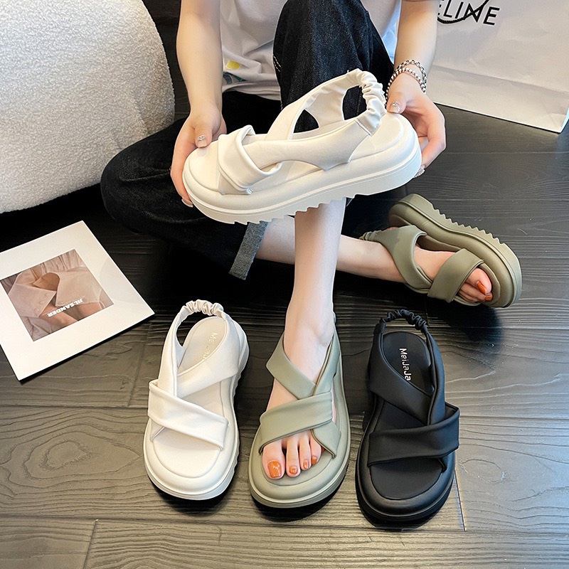 Giày MWC 2956 - Sandal Nữ Đế Cao Quai Chéo Xoắn Cách Điệu, Sandal Đế Bánh Mì 5p Hack Dáng Phối Quai Hậu Thun Thời Trang