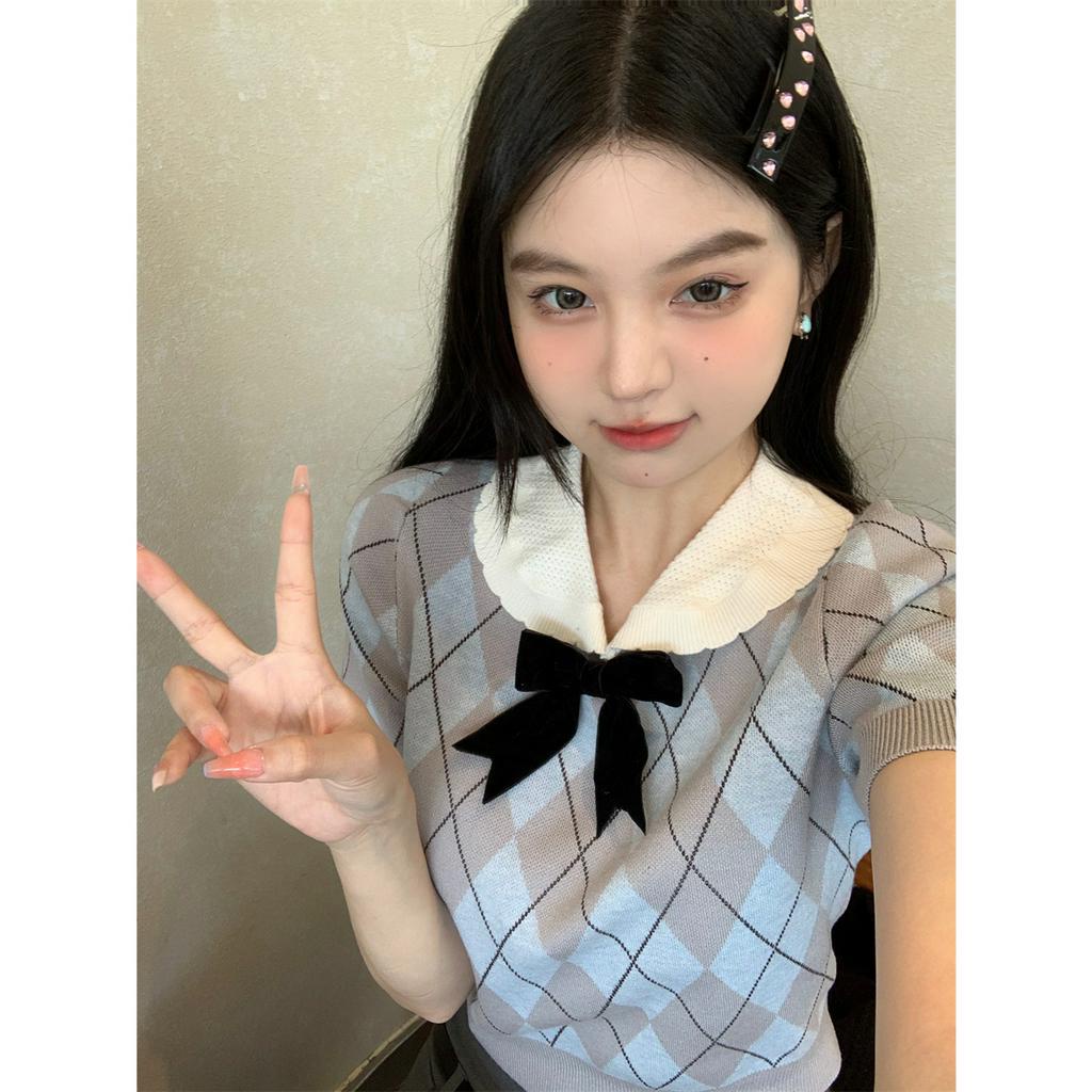 Áo Dệt Kim Tay Ngắn Cổ Búp Bê Phong Cách Hàn Quốc Thời Trang Cho Nữ