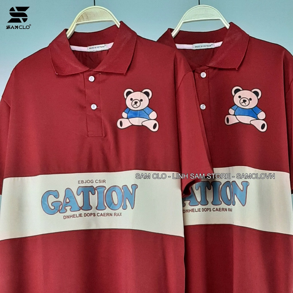 Áo thun Polo tay lỡ SAM CLO có cổ form rộng phông freesize dáng unisex mặc cặp, nhóm, lớp, đi học in hình CON GẤU