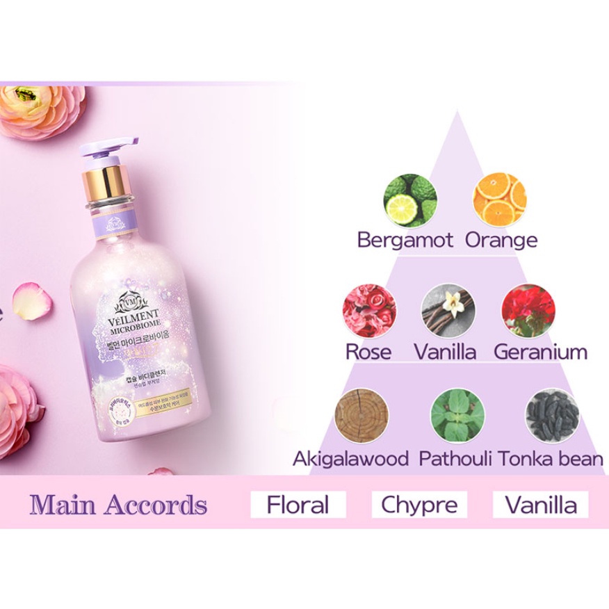 Sữa tắm On The Body Veilment Microbiome hạt dưỡng ẩm và làm sáng da - hương Sensual Bouquet 600gr