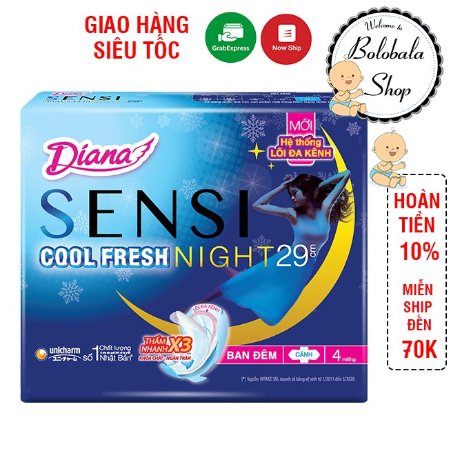 Băng vệ sinh Diana đêm Sensi Cool Fresh 35cm gói 3 miếng/ 29cm gói 4 miếng - hàng khuyến mãi