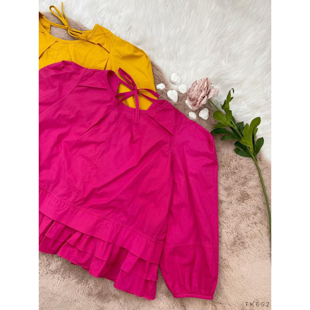 [HÀNG THIẾT KẾ CAO CẤP] ÁO Babydoll Tay Phồng Cột Nơ Lai Bèo Dễ Thương Đi Học / Đi Tiệc Màu Vàng