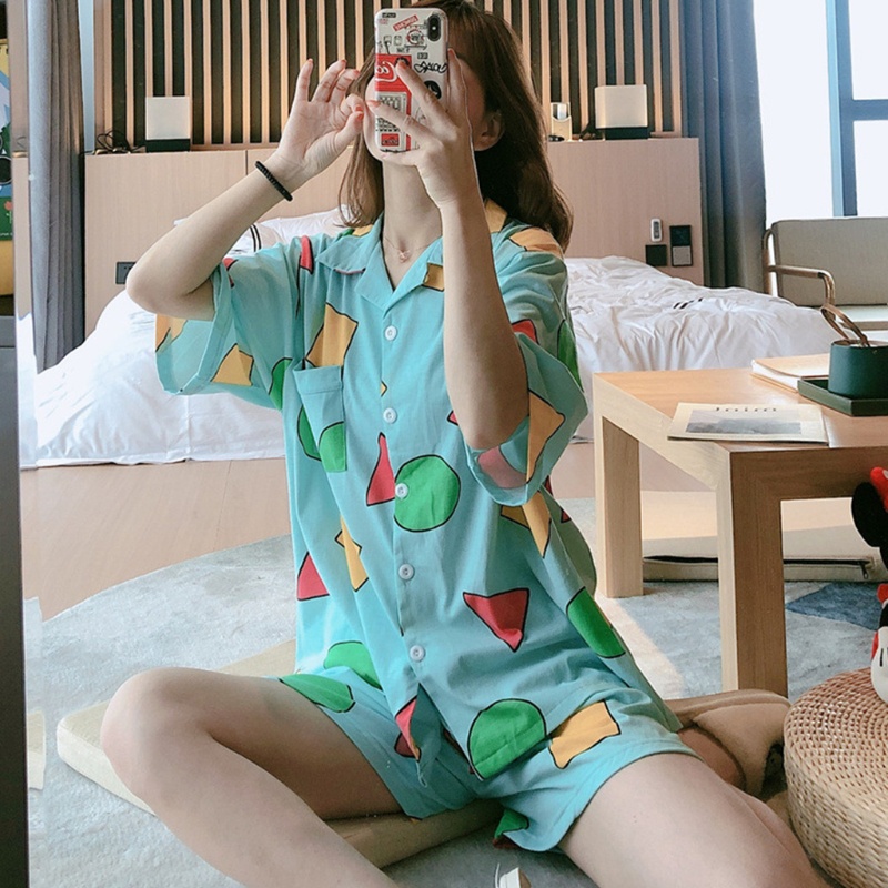 Bộ Đồ Ngủ 2 Món Tay Ngắn Dáng Rộng Cài Khuy Họa Tiết Hình Học Nhiều Màu Thời Trang Mùa Hè Cho Bạn Gái