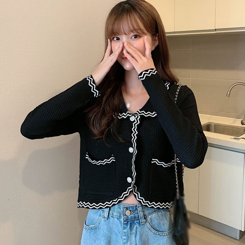Áo Khoác Cardigan Dệt Kim Màu Sắc Tương Phản Thiết Kế Xinh Xắn Thời Trang Cho Nữ