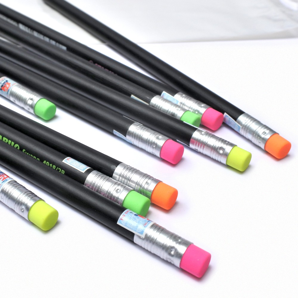 Bộ 10 cây bút chì gỗ STABILO Swano 4918 2B thân đen, đầu tẩy xanh/hồng x 3 + cam/vàng x 2 (PC4918-C10)