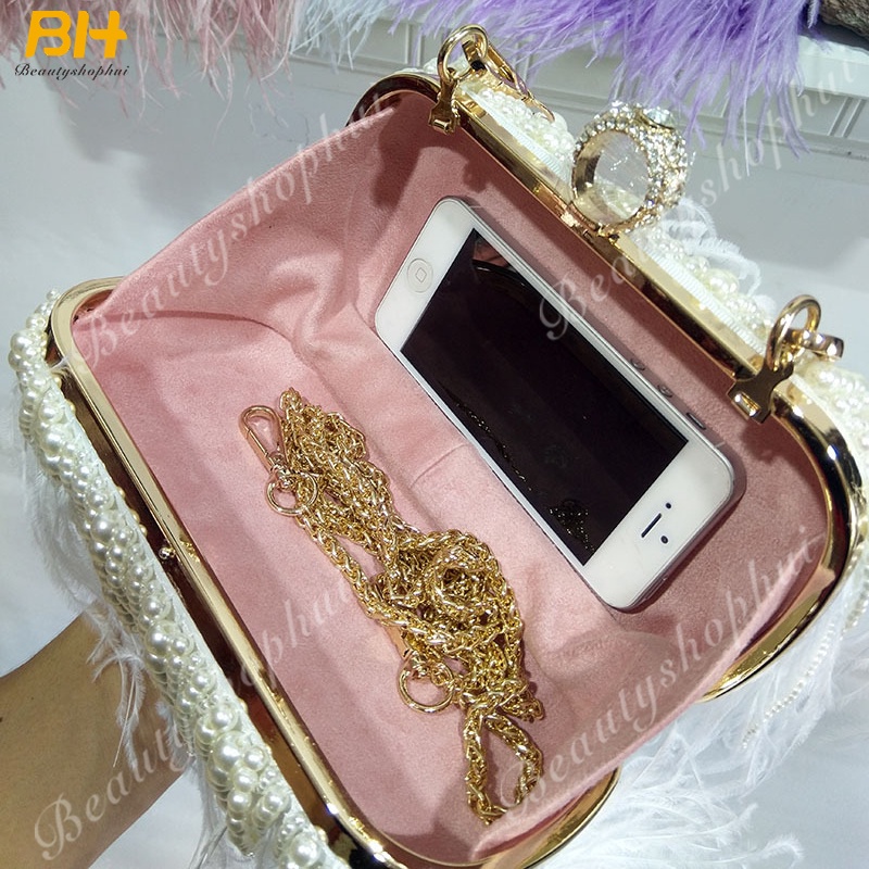 Túi Xách Lông Đính Ngọc Trai Thời Trang Cho Nữ 2022