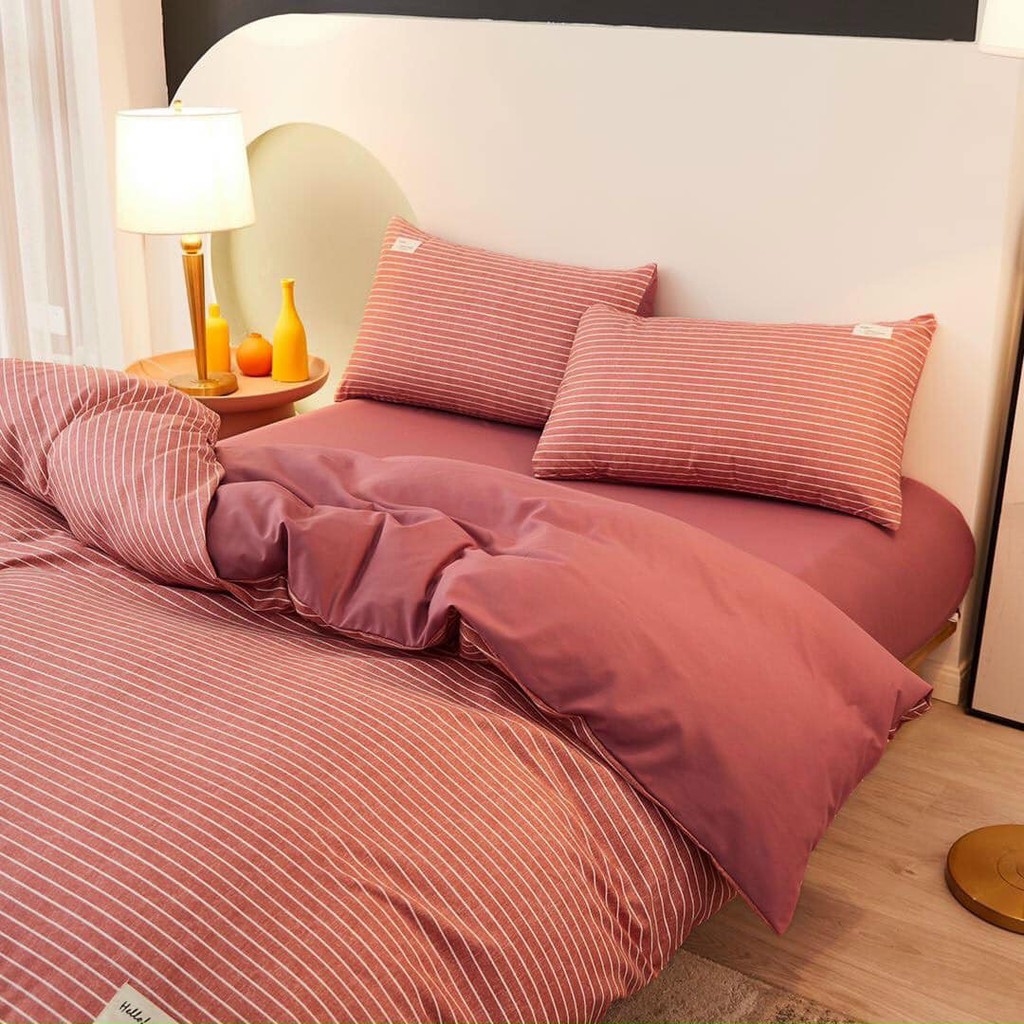 Full set Bộ Ga giường Tici Cotton Chần Bông Hồng Kẻ ((m2x2m - m8x2m))