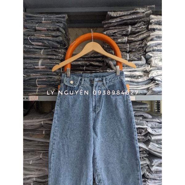 Quần BAGGY bò Jean nữ lưng cao lai đạp cạp cao túi kiểu vải dày dặn không co giãn rộng đẹp form chuẩn dáng boi lai đạp