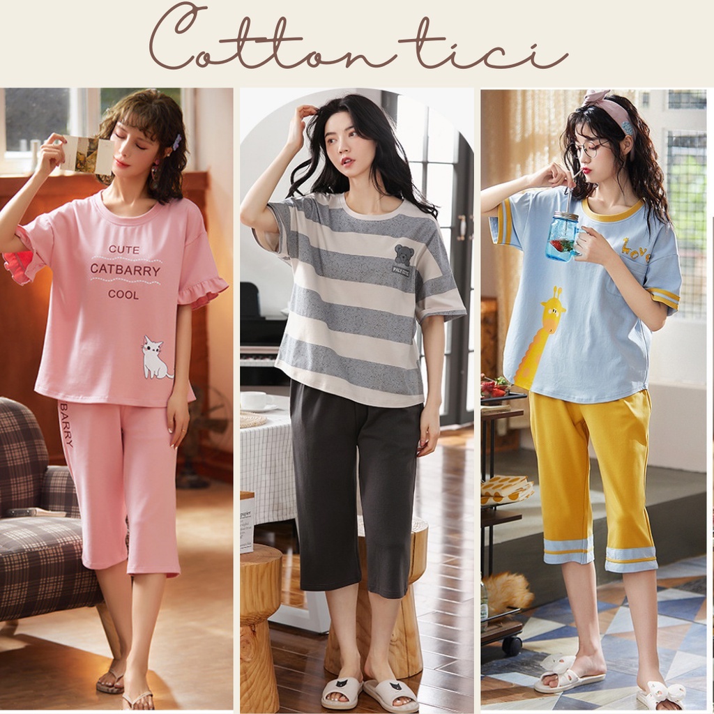 Đồ mặc nhà lửng nữ thun cotton nhiều màu in họa tiết đáng yêu
