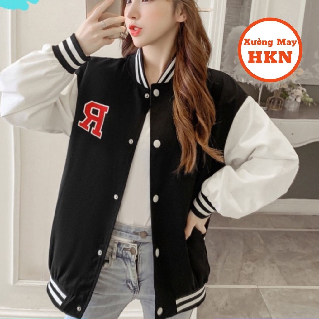 Áo Bomber Unisex Nam Nữ Cúc Bấm Thêu Chữ Nổi R, Áo Bóng Chày Chất Liệu Nỉ Cao Cấp Mã 604 Xưởng May HKN