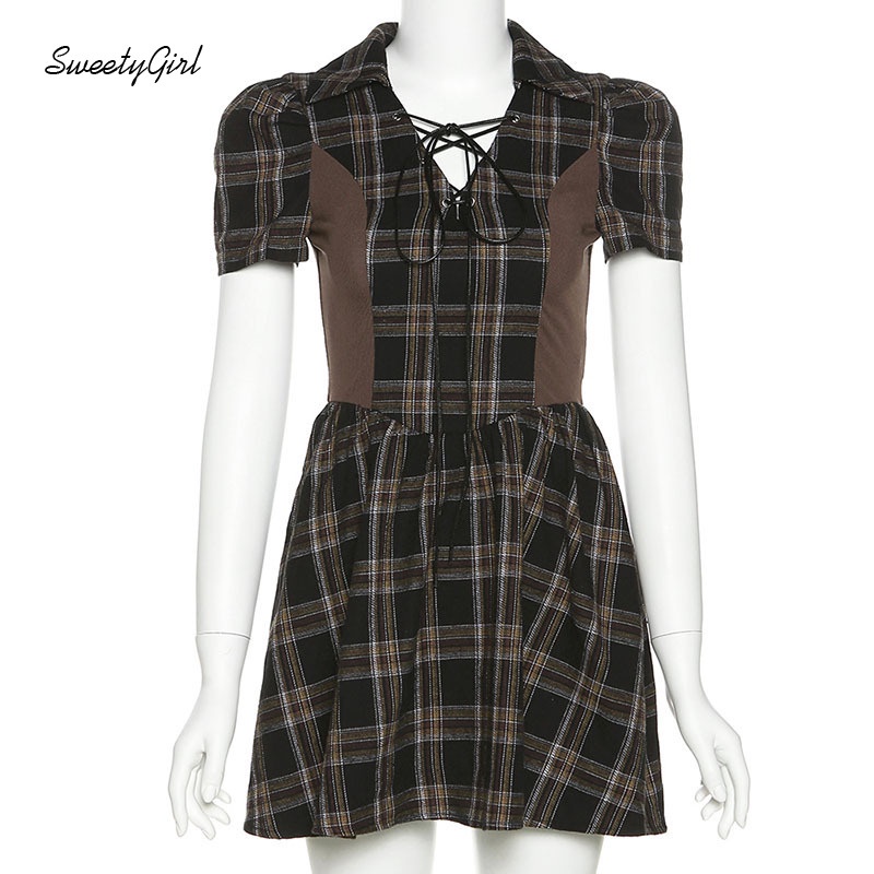 Đầm Tay Ngắn Cổ Chữ V Họa Tiết Sọc Caro Thời Trang Đường Phố Cho Nữ 2022