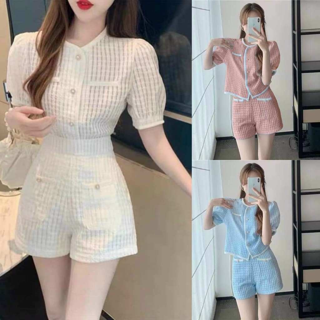 Sét bộ đi chơi nữ áo cà nút chạy viền phối quần đùi xinh xắn