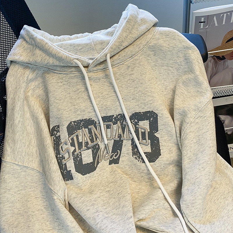 ZHELIHANGFEI Áo Hoodie Tay Dài Dáng Rộng Thêu Chữ Phong Cách Preppy