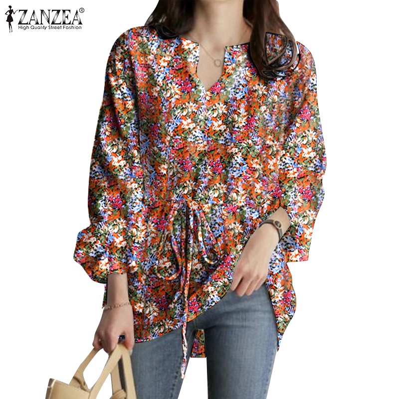 Áo ZANZEA tay dài in họa tiết thiết kế eo dây rút cổ tay thun thời trang thường ngày cho nữ