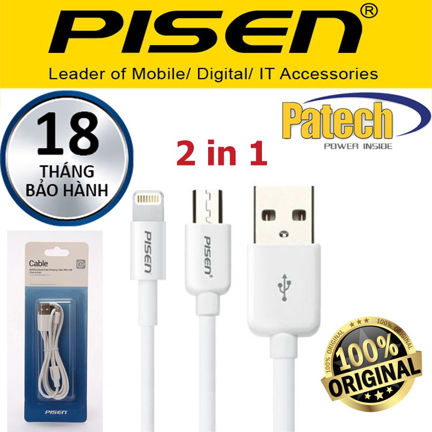 Cáp sạc đa năng 2 in 1 chính hãng Pisen, đầu lighting và đầu Micro usb, Patech phân phối bảo hành Toàn Quốc 18 tháng.