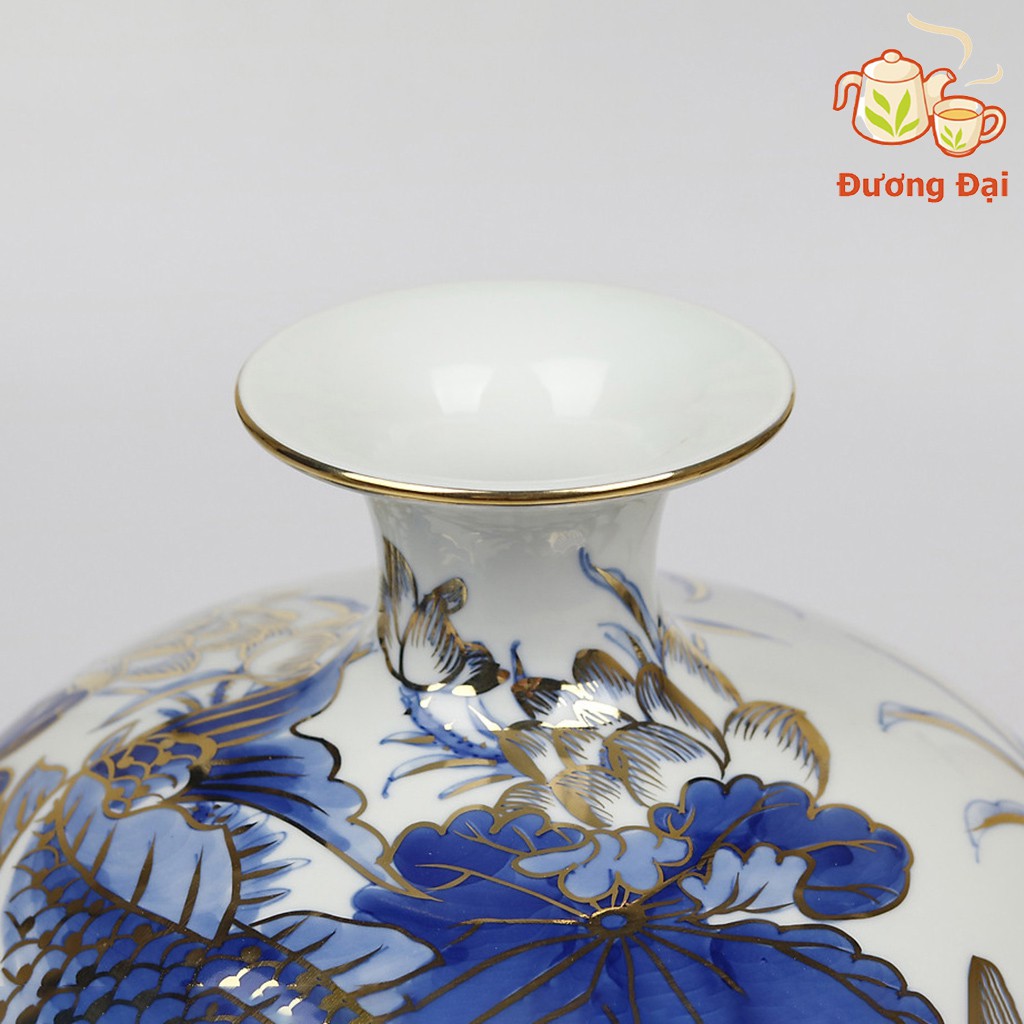 Bình hút tài lộc Gốm Sứ Bát Tràng Đương Đại men lam vẽ vàng cao 28cm Lý Ngư Vọng Nguyệt