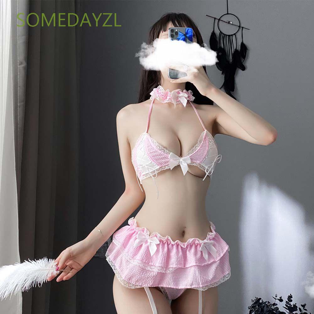 Bộ Đồ Ngủ Liền Thân Phối Ren Nhún Bèo Thắt Nơ Gợi Cảm Cho Nữ