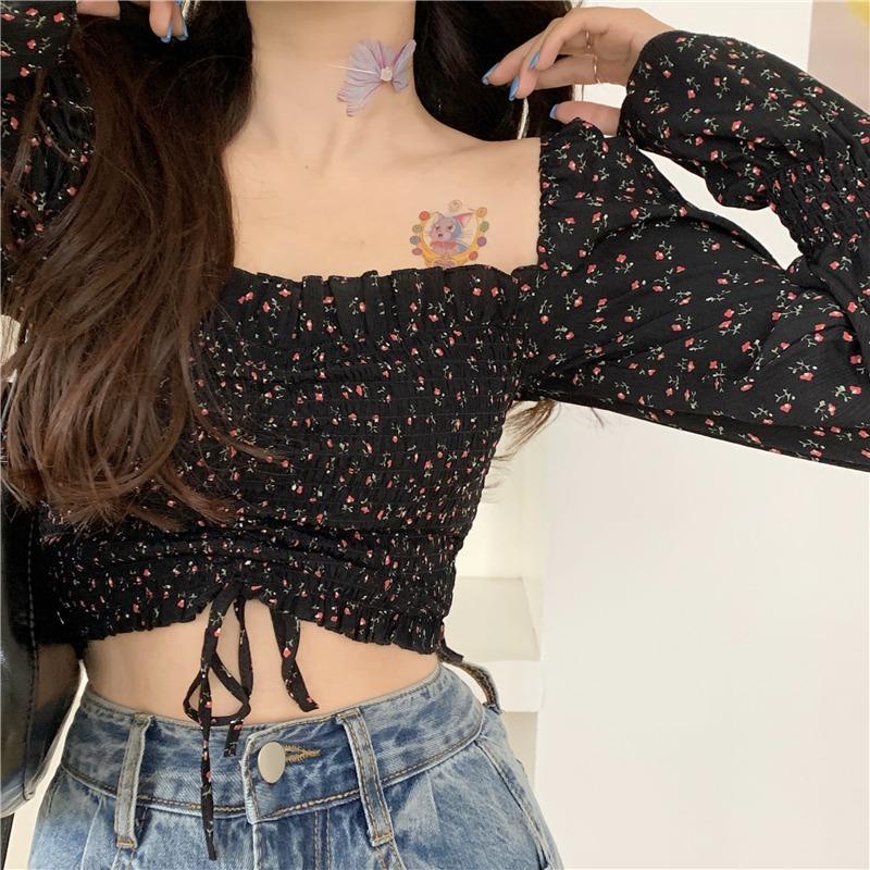 AMOI Áo Voan Cổ Vuông Họa Tiết Hoa Nhỏ Phong Cách Pháp Cổ Điển Dành Cho Nữ