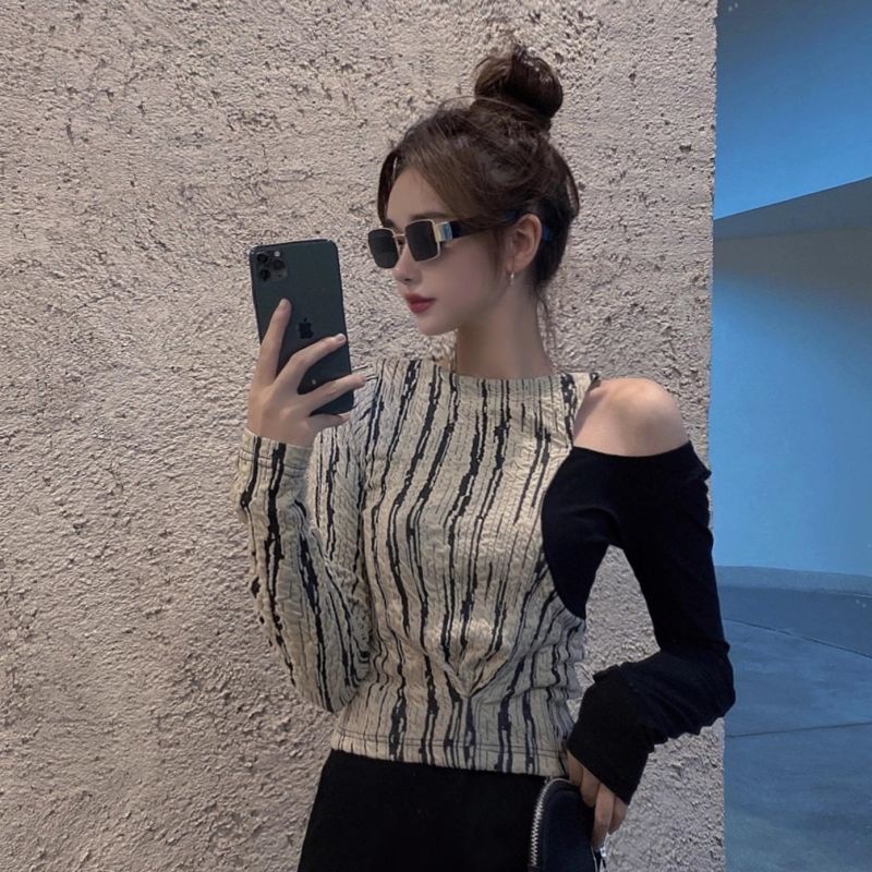 New Spring Slim Slimming off-Shoulder Top False Two-Piece Suit Patchwork Fitted Waist Bottoming Shirt