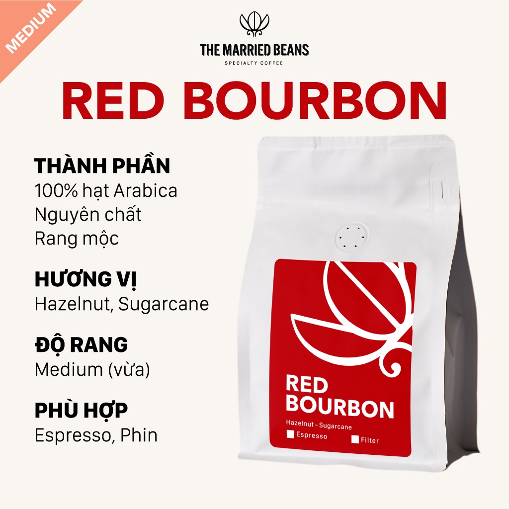 Cà phê đặc sản rang mộc Arabica 100% Red Bourbon, rang vừa (espresso, phin) THE MARRIED BEANS (Túi 250gr)