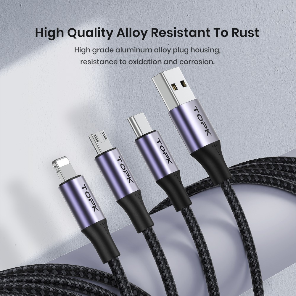 Dây sạc nhanh 3A TOPK AS10-3,AN20-3 vỏ bên nylon 3 trong 1 ,Type-C,Micro cho ip,samsung...