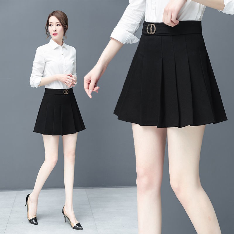 Váy xếp ly nhỏ màu đen của phụ nữ dệt kim mùa xuân 2021 mới cạp cao chống chói Quần culottes chữ A ngắn