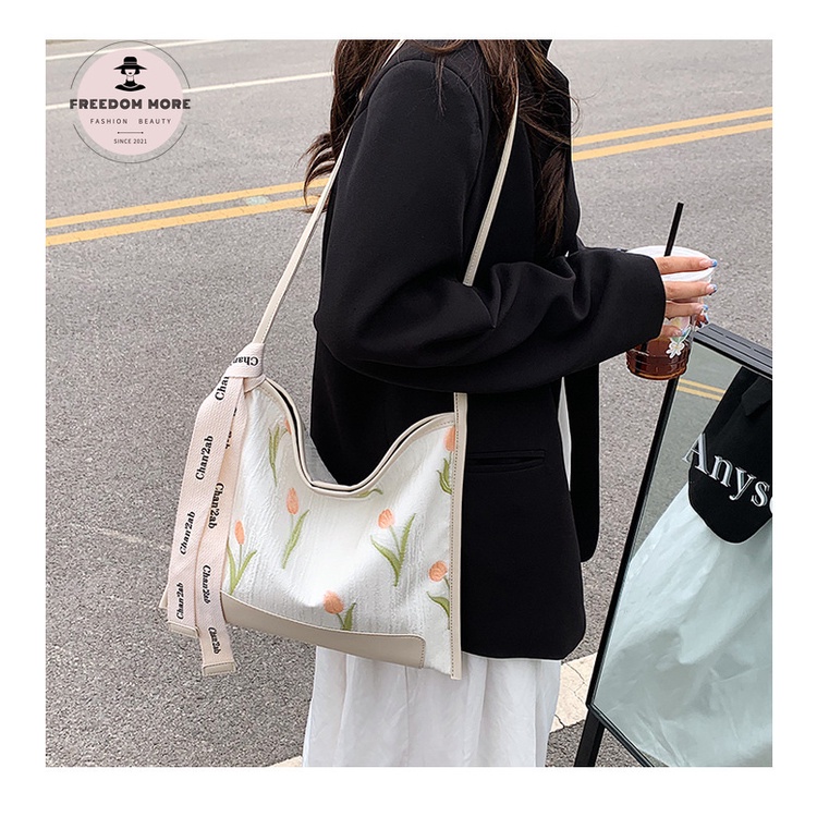 Túi Đeo Vai Vải Canvas Cỡ Lớn 2022 Họa Tiết Hoa Tulip Phong Cách Hàn Quốc Thời Trang Cho Nữ
