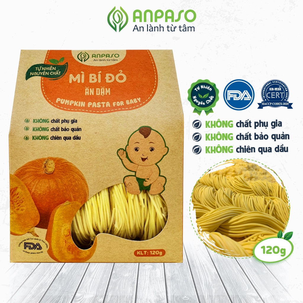 Mì Bí Đỏ Ăn Dặm Anpaso, Mì Organic Bí Đỏ Ăn Dặm kiểu Nhật cho bé từ 7 tháng bổ sung chất xơ, cải thiện táo bón 120g