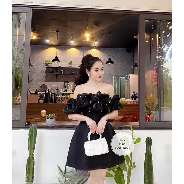 Váy xoè bèo trễ vai tacta đính ngọc dáng A dự tiệc sang trọng màu trắng đen hồng V294 full size AĐ BOUTIQUE